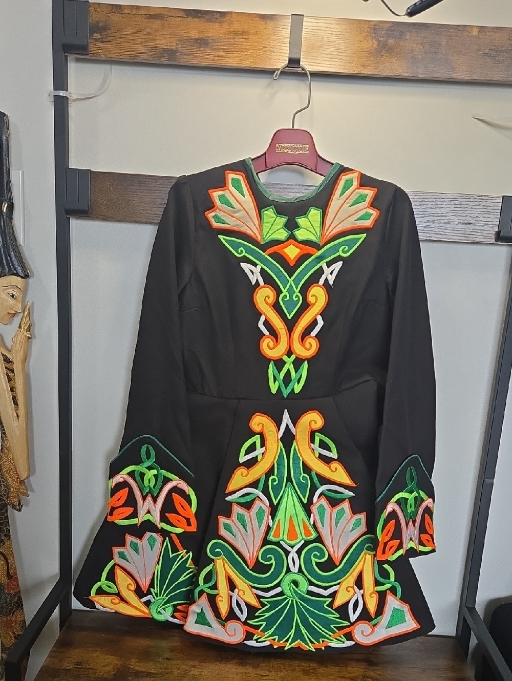 Black Irish Celtic Dress with Neon Green & Orange Embroidery Dance Solo 1/5 Vtg